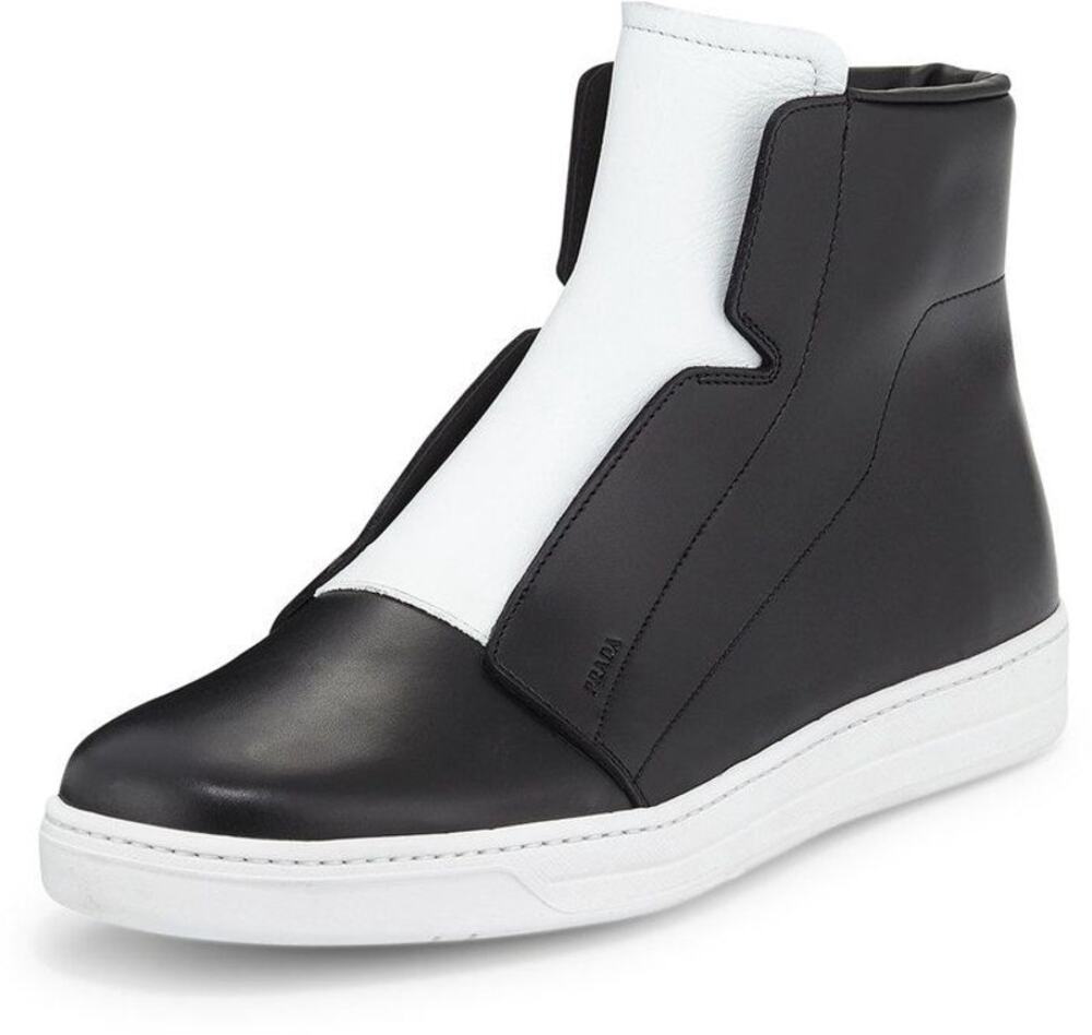 PRADA Laceless Leather High Top Sneakers Black White Sz 10.5 $875